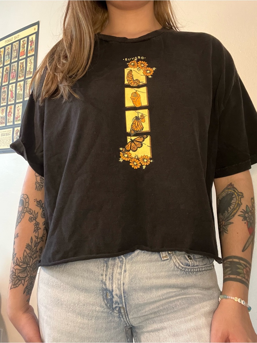 Zumiez Black Crop Tee with Yellow Butterfly Panel